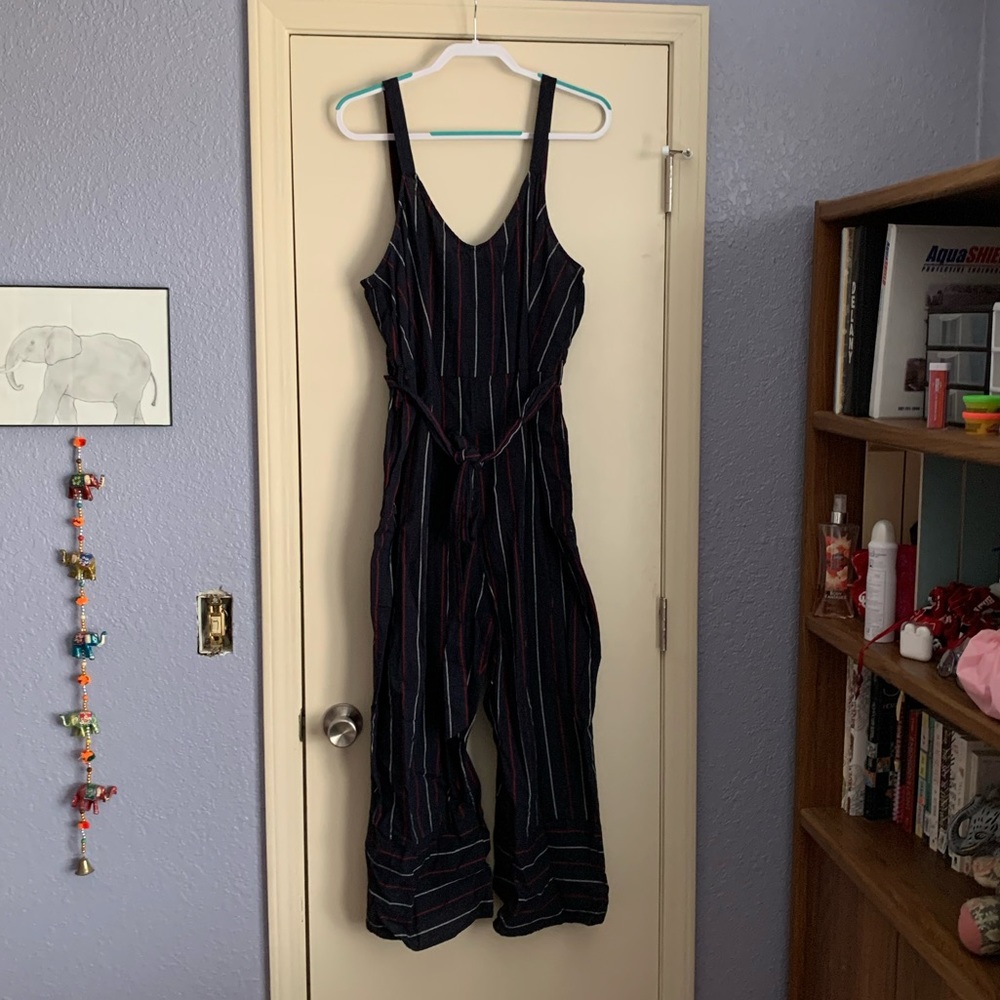 navy blue striped jumpsuit